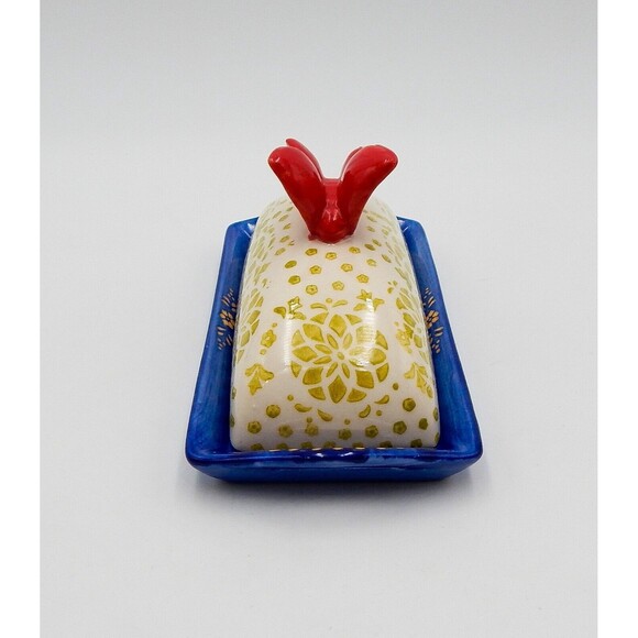 Butterfly Butter Dish Pier 1 One Imports Hand-Painted Stoneware Red Blue & Green - Picture 4 of 7